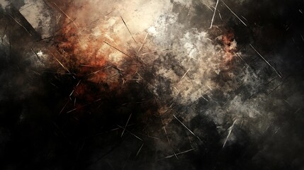 Abstract grunge background with dark brown, orange, and gray textures, featuring scratch and smoke effects.