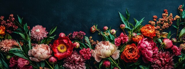 Colorful arrangement of various flowers, including peonies and dahlias, set against a dark background. Floral decoration concept for events and celebrations.
