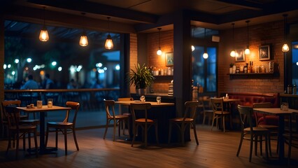 Abstract blur cafe restaurantand wood table surface with abstract bokeh light defocused background