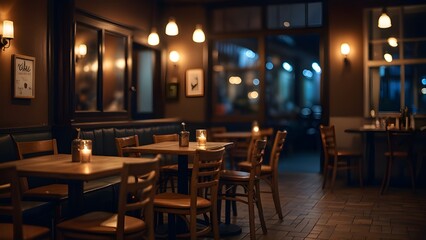 Abstract blur cafe restaurantand wood table surface with abstract bokeh light defocused background