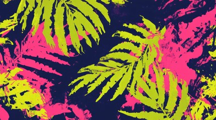 Vibrant Neon Tropical Leaf Pattern on Dark Background
