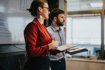 A diverse business team is discussing data during a presentation. The modern office setting...