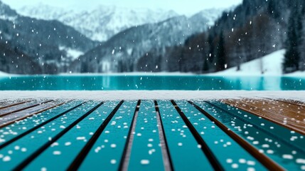 Snowflakes gently fall on a teal-colored deck overlooking a serene winter lake. Mountains in the background. Peaceful winter scene.
