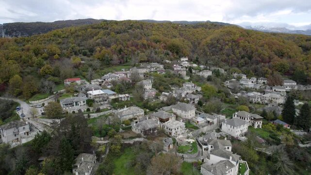 Koukouli Village in Zagorochoria Ioannina Greece, Aerial Point of Interest Shot, Traditional Stome Made Houses and Epirus Nature View