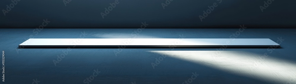 Poster a minimalistic scene featuring a flat surface reflecting light in a darkened environment, creating a