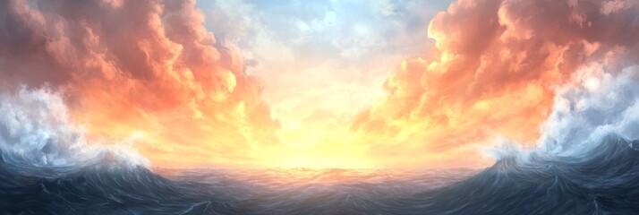 Obraz premium Dramatic ocean waves meet a vibrant sunset sky, creating a breathtaking scene of nature's power and beauty.