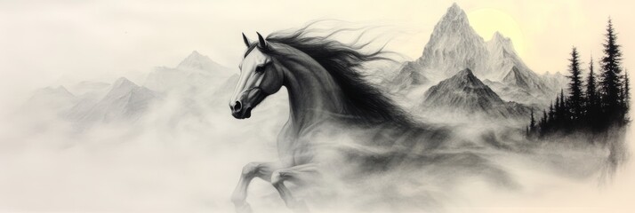 Obraz premium Majestic dark horse running through a misty mountain landscape. A breathtaking grayscale artwork.
