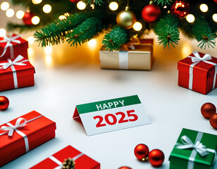 Colorful Christmas presents and a "Happy 2025" card on a white background.