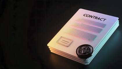 Contracts with holographic security seals, futuristic legal document, 3D illustration, law restriction, regulations, enforcement.