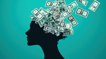 A silhouette of a person with a shower of dollar bills above their head, symbolizing wealth, money, and financial thoughts.