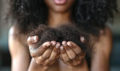 black woman holding a clump of hair loss in her hands