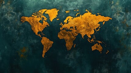 Golden World Map on Dark Textured Background for Creative Projects