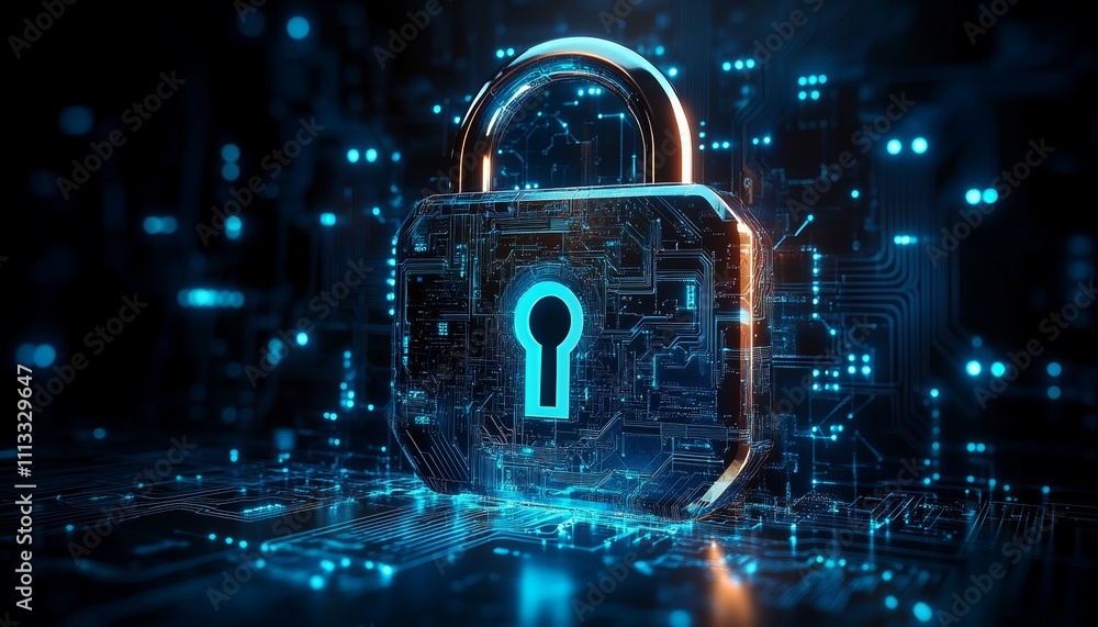 Aufkleber cyber security padlock high-tech design with glowing keyhole in cyberpunk atmosphere