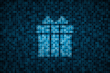 Gift box silhouette over binary code made from 0 and 1 symbols