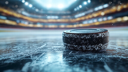 black hockey puck resting on an empty ice rink symbolizing focus, preparation, and anticipation for the game ahead, emphasizing stillness and readiness before action