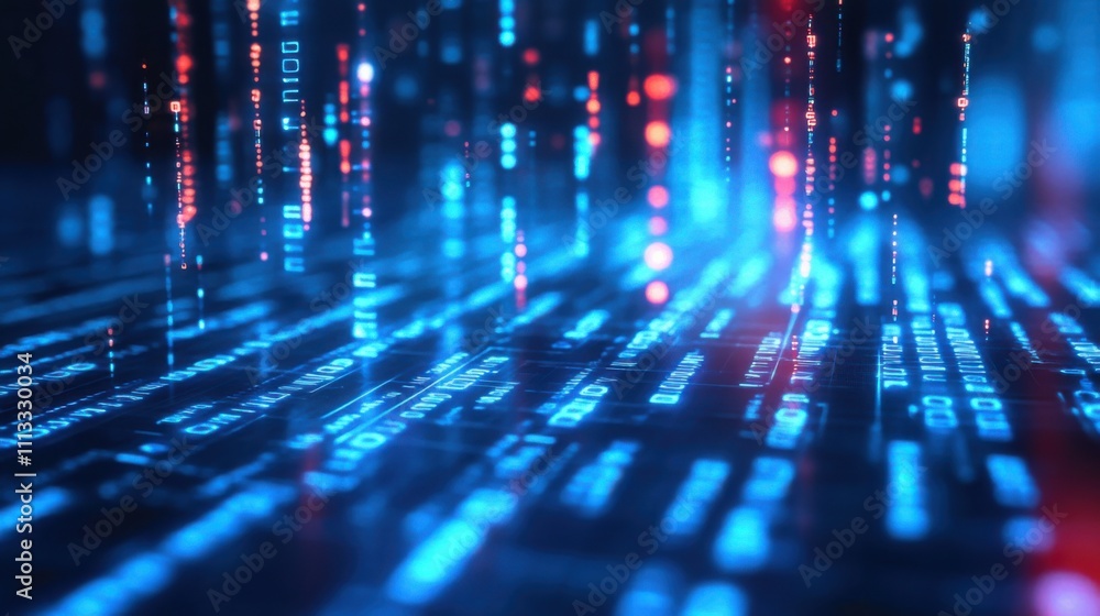 Poster abstract digital background with glowing binary code and lights