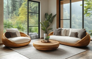 Modern living room with wooden sofa, armchair, coffee table, and large windows overlooking a lush...