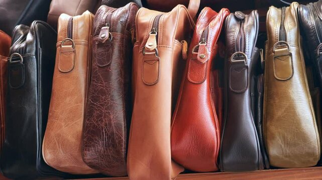 Close up of leather handmade bags on a wall for sale