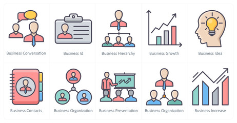 A set of 10 business icons as business conversation, business id, business hierarchy