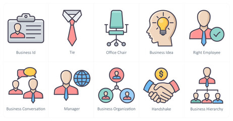 A set of 10 business icons as business id, tie, office chair