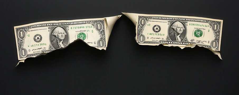 A torn dollar bill is displayed on a dark background, showcasing the damage and wear of currency.