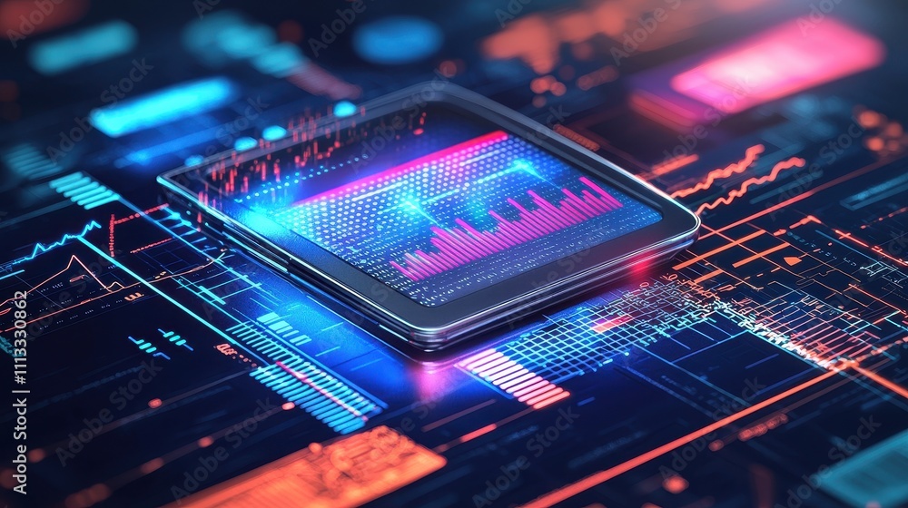 Poster a futuristic digital circuit board featuring a central processing unit with vibrant colors and glowi