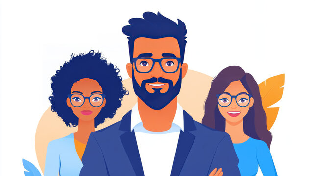 A diverse team of professionals, ready to collaborate and succeed.  Their confident expressions and stylish glasses convey expertise and teamwork.