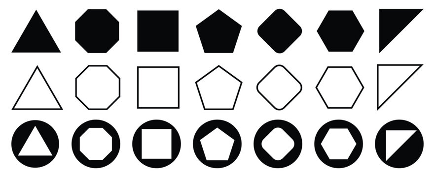 Set of Various number of geometric shape vector icon. Different types of regular polygons. Set of polygon icons. heptagon, octagon, nonagon, decagon, hendecagon, triangle, square, pentagon, hexagon.