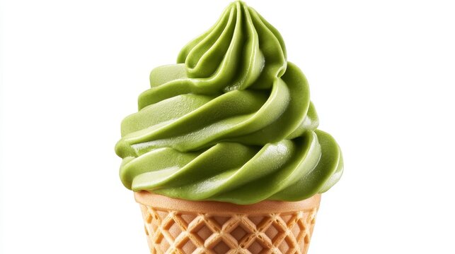 a swirled matcha soft serve ice cream, vibrant green color, waffle cone, detailed texture, smooth creamy surface, elegant spiral shape, clean white background, food photography, macro shot,