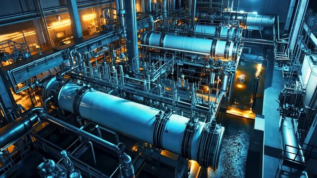 An automated reverse osmosis water treatment plant processes contaminated water, using energy-efficient techniques for industrial reuse.