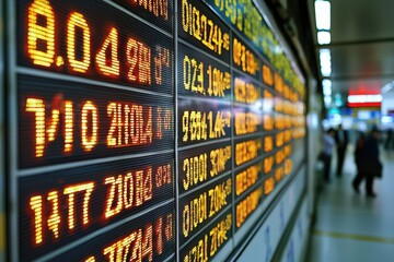 The image shows a digital display board with train schedules and times, illuminated in bright colors, set in a transit station.