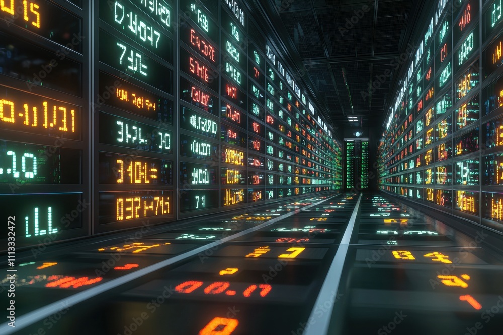 Poster a futuristic data center with illuminated digital screens displaying numbers and codes, representing