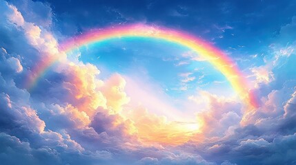 Beautiful Rainbow Over Blue Skies and Fluffy Clouds in a Dreamy Animation Style