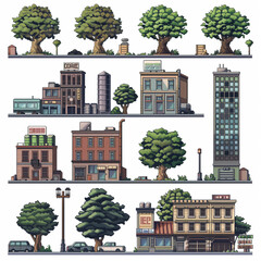 Isometric landscape blocks pixel art set. Map builder, square biome tiles collection. 8 bit