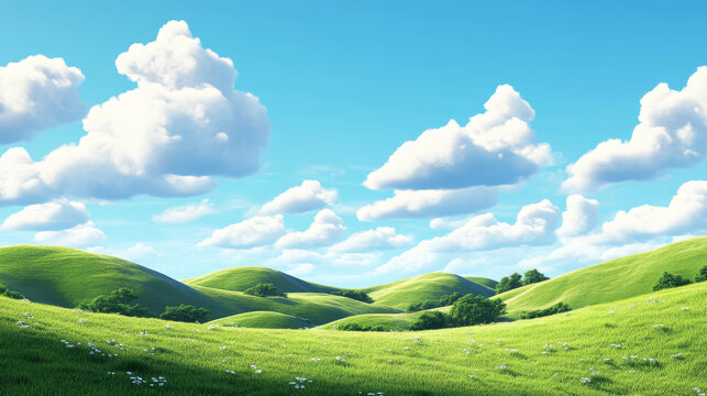 tranquil scenic landscape featuring rolling hills and fluffy clouds