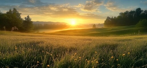 Serene Sunrise Over Grassy Field with Dew Covered Grass and Warm Sunlight through Trees