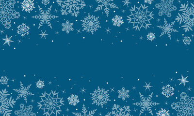 Christmas snowflake background. Snow copy space vector template for greetings, cards, posters. White snowflakes on blue