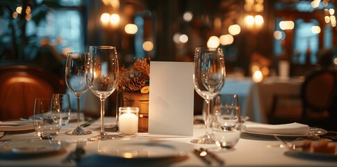 luxury dining table setting with 5x7 card mockup for wedding or romantic event menu invitation with wine glasses candles and elegant decoration in cinematic style