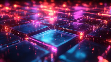 Fototapeta premium Futuristic Abstract Composition of Floating Glass Squares with Neon Lights on Dark Background