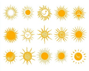 Collection of Hand Drawn Yellow Suns in Various Styles and Patterns for Summer