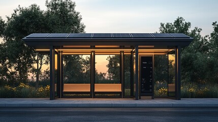 Fototapeta premium A modern bus stop with solar panels surrounded by greenery at sunset.