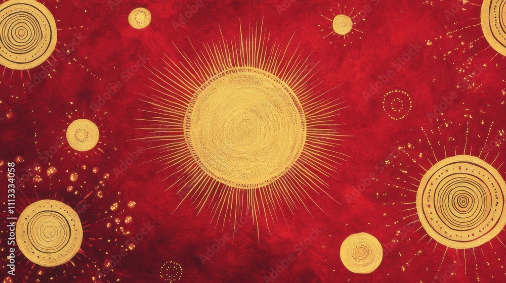 Poster abstract sun and stars pattern on red background with circular design