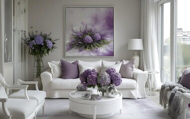 Elegant living room with white sofa, purple hydrangeas, and lavender artwork.