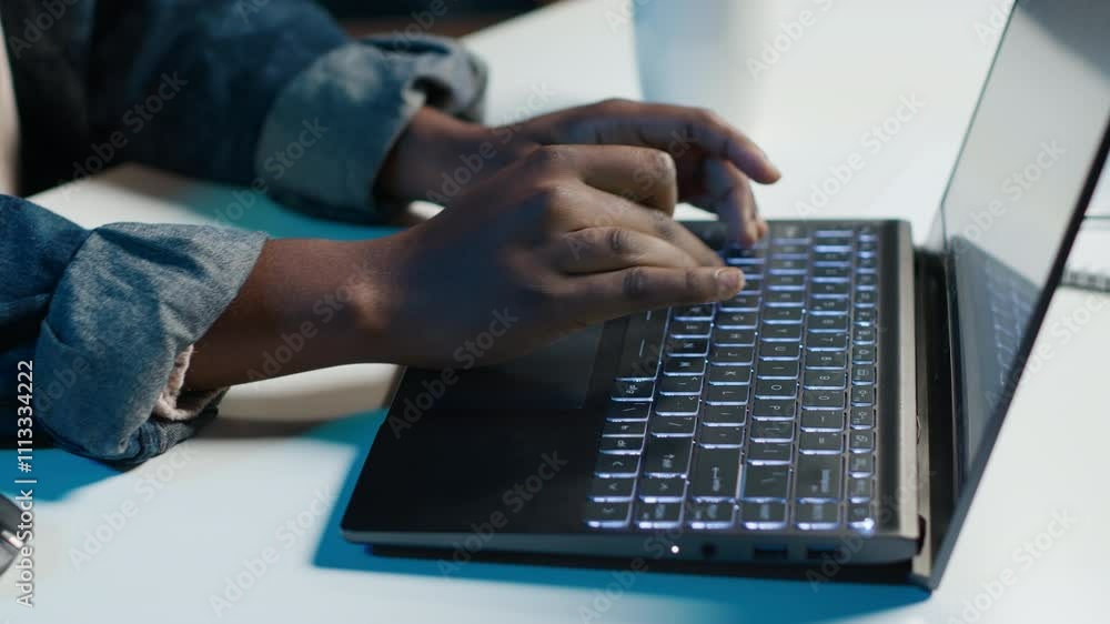 Poster teleworker working from home, typing on laptop keyboard, writing in document. remote employee pressi