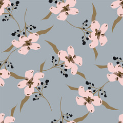 Trendy Floral pattern in the many kind of flowers. Tropical botanical Motifs scattered random. Seamless vector texture. Printing with in hand drawn style on dark background