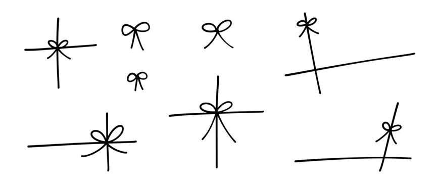 Gift bowknot ribbon. Illustration of a thin string tied in a crisscrossing pattern. Flat hand drawn vector material isolated on white background. Festive gift box, card decoration.