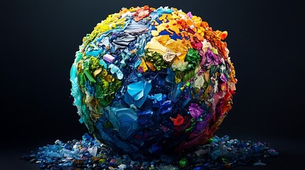A powerful visual depiction of a globe with a pollution theme made out of colorful plastic pieces to increase awareness of waste