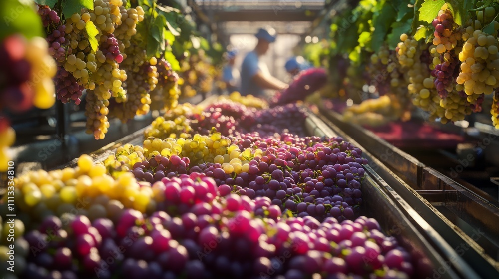Aufkleber workers gather ripe grapes under the warm sunlight in a vineyard, meticulously sorting various color