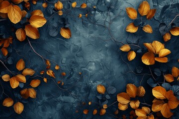 Golden Leaves on Blue and Teal Abstract Background with Textured Tree Branches and Autumn Colors