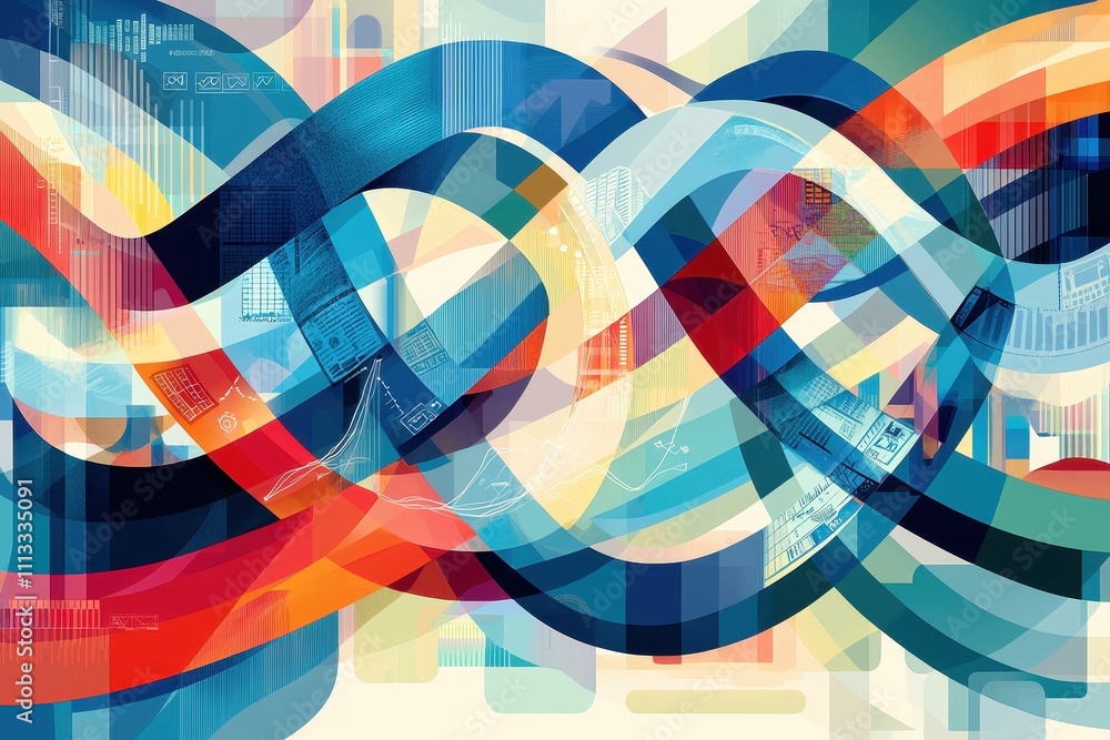 Poster an abstract composition featuring intertwining lines and vibrant colors, creating a dynamic and mode